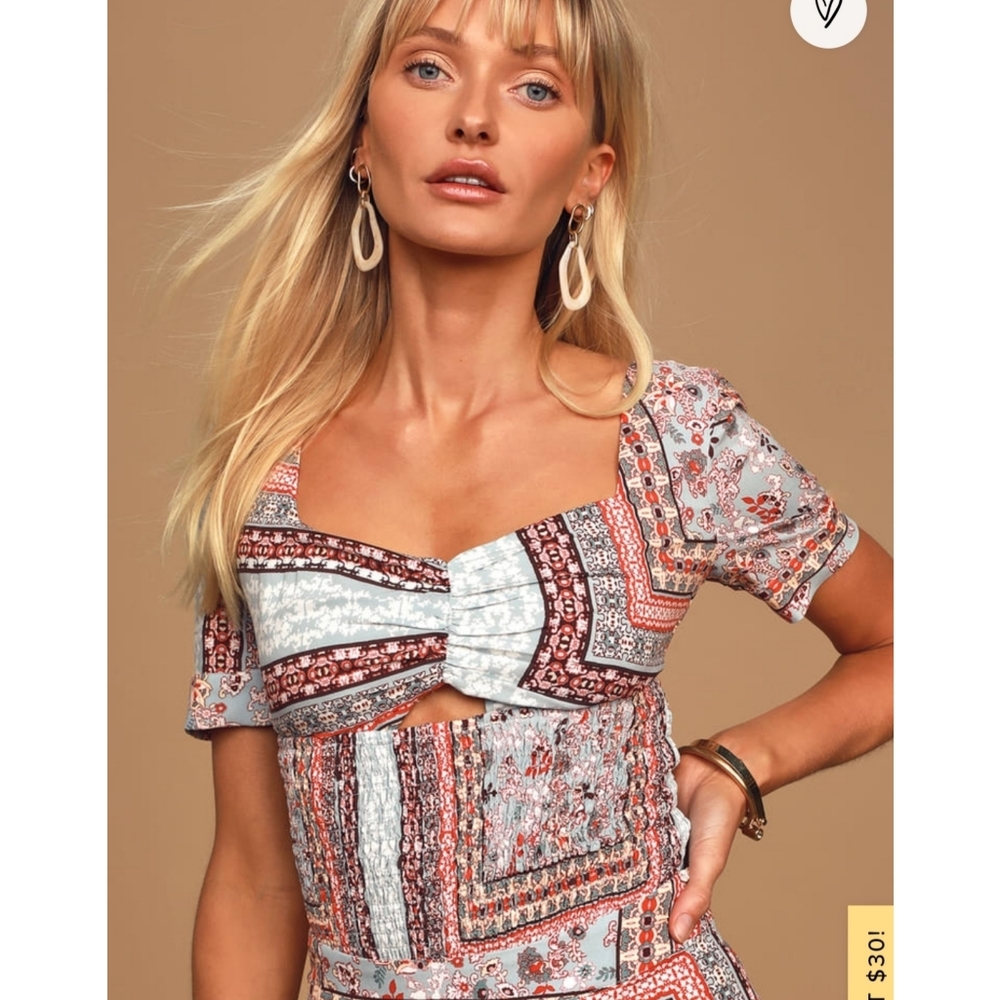 NWT LuLu's Light Blue Multi Print Smocked Crop Top